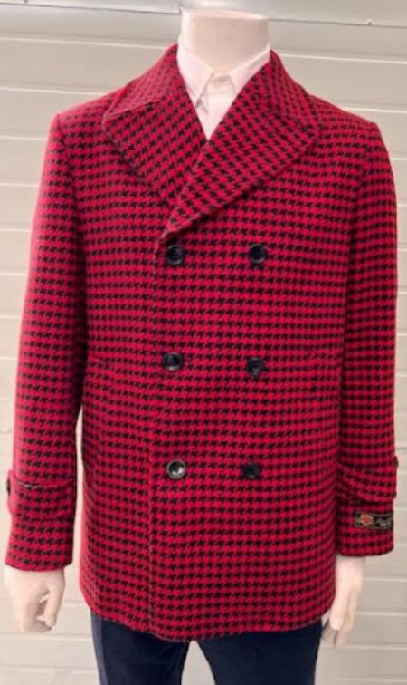 Mens Red Peacoat - Houndstooth Red And Black Pattern Car Coat