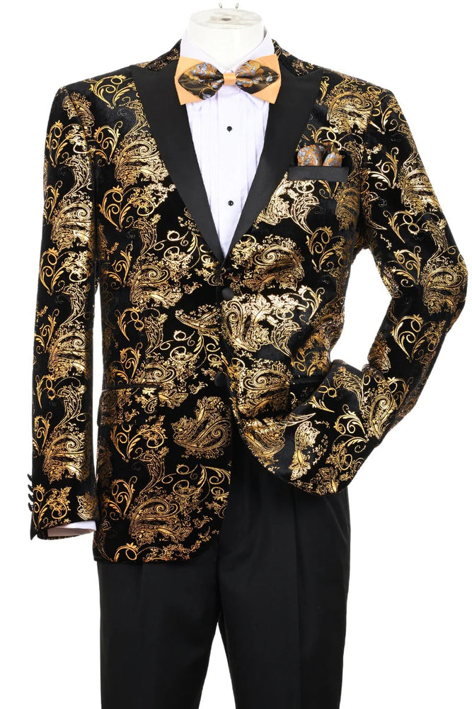 Mens 80s Prom Suit Perfect Outfit - Men's Modern Fit Velvet Floral Paisley Foil Gold and Black Tuxedo