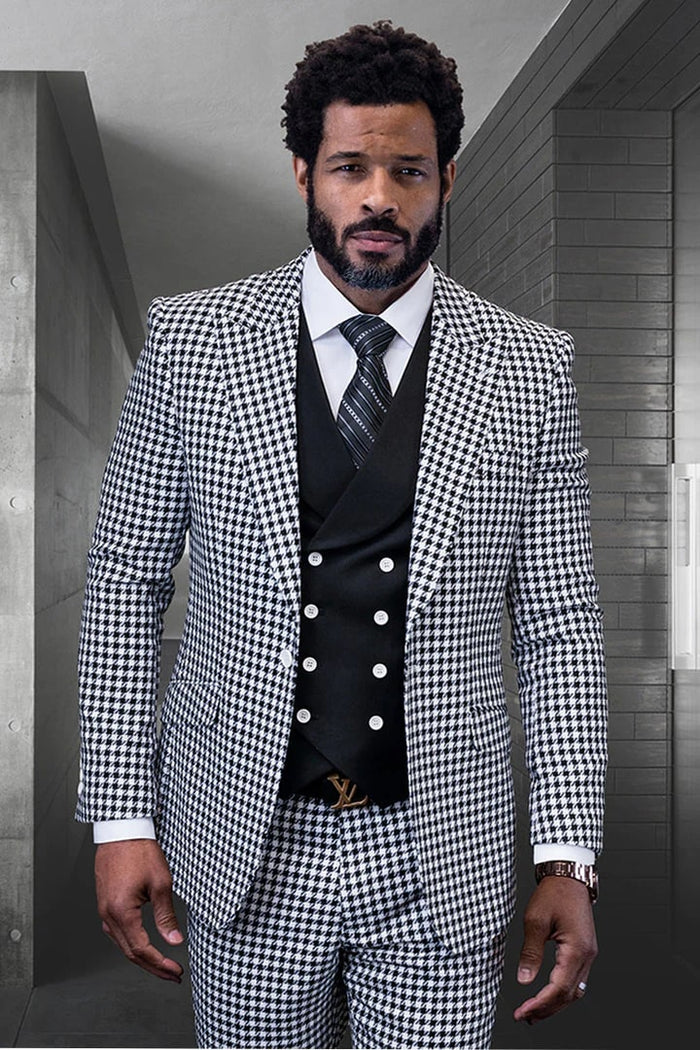 Mens Designer Wool Modern Fit Wide Peak Lapel Micro Plaid Black Suit