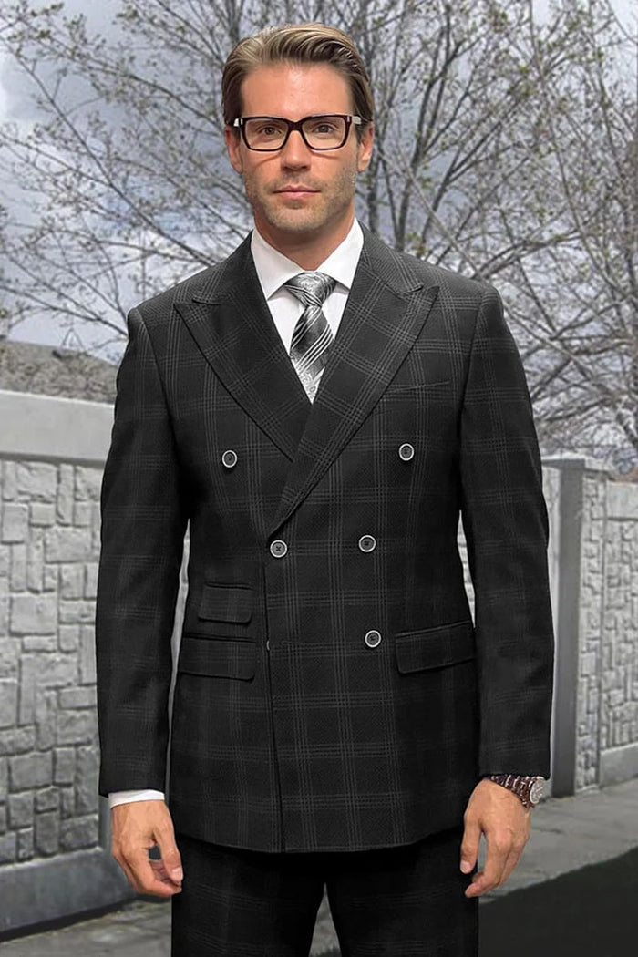 Mens Designer Classic Fit Double Breasted Black Windowpane Plaid Wool Suit