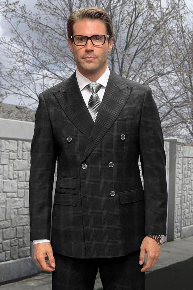 Mens Designer Classic Fit Double Breasted Black Windowpane Plaid Wool Suit