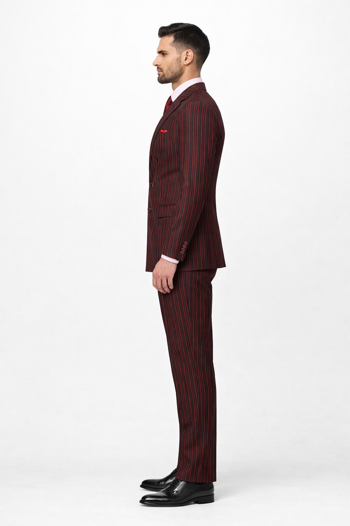 Black and Red Pinstripe Double breasted Suit - 100% Wool Modern Fit Side Vents by Statement brand