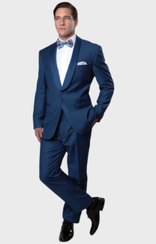 Big and Tall Tuxedo - Blue 1 Button Shawl Lapel Slim Fit Tuxedo