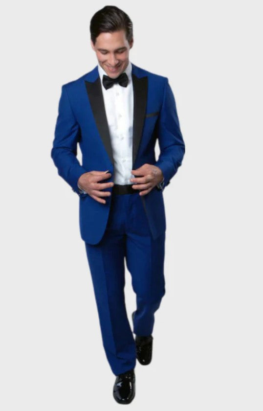 Big and Tall Tuxedo - Side Vent Blue 1 Button Slim Fit Peak Lapel Tuxedo