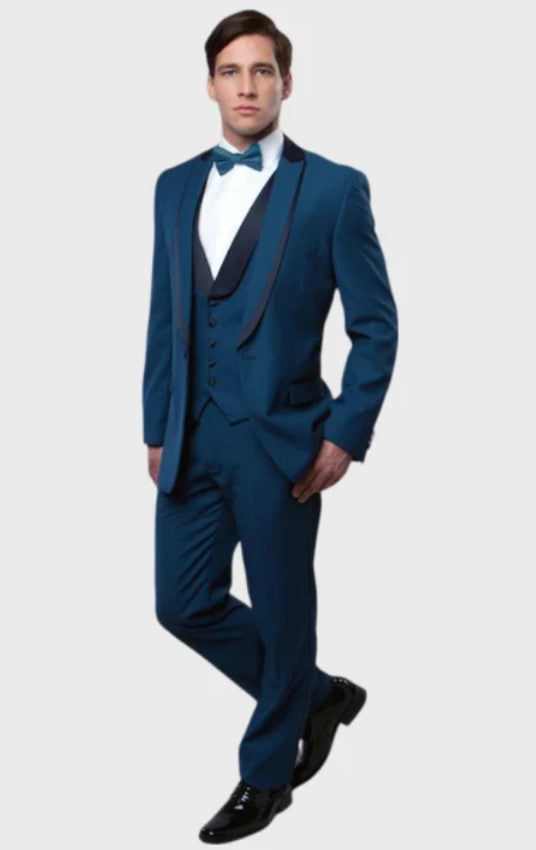 Big and Tall Tuxedo - Blue 3 Piece Vested Shawl Lapel Tuxedo