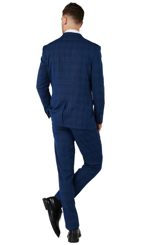 Mens Blue Checker Single Breased Notched Lapel Suit Slim Fit