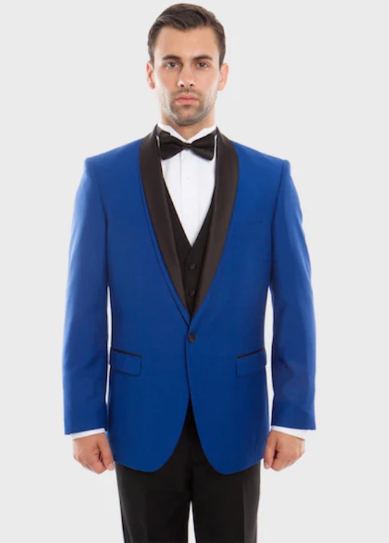 Big and Tall Tuxedo - Blue Shawl Lapel 3 Piece Vested Slim Fit Tuxedo