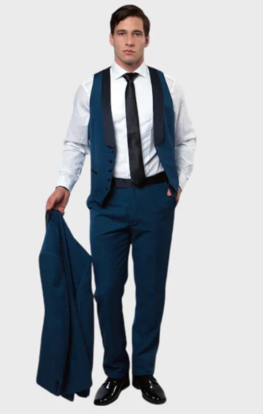 Big and Tall Tuxedo - Blue 3 Piece Vested Shawl Lapel Tuxedo