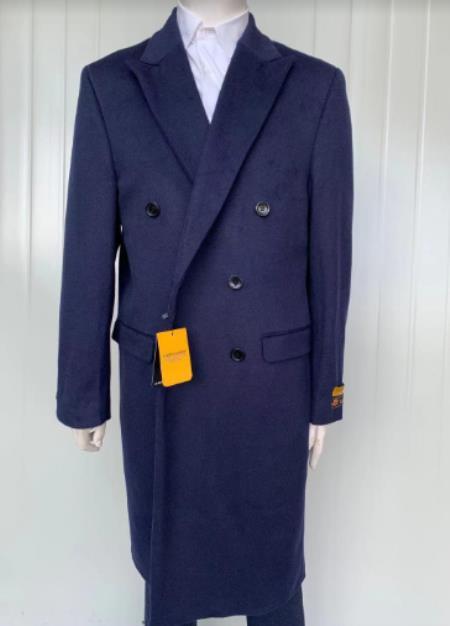 Mens Cashmere Blend Blue Coat Full Length - Cashmere Overcoat