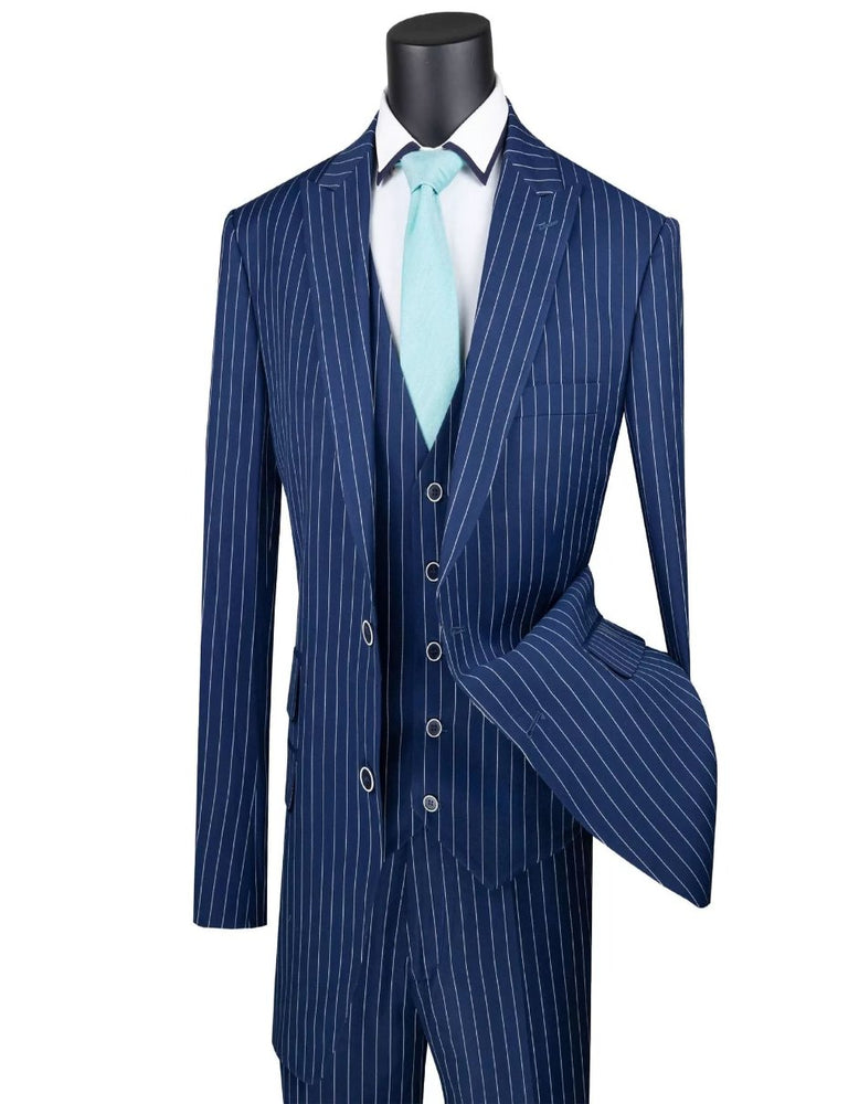 Mens Big and Tall Gangster Stripe Three Piece Classic Fit Navy Suit