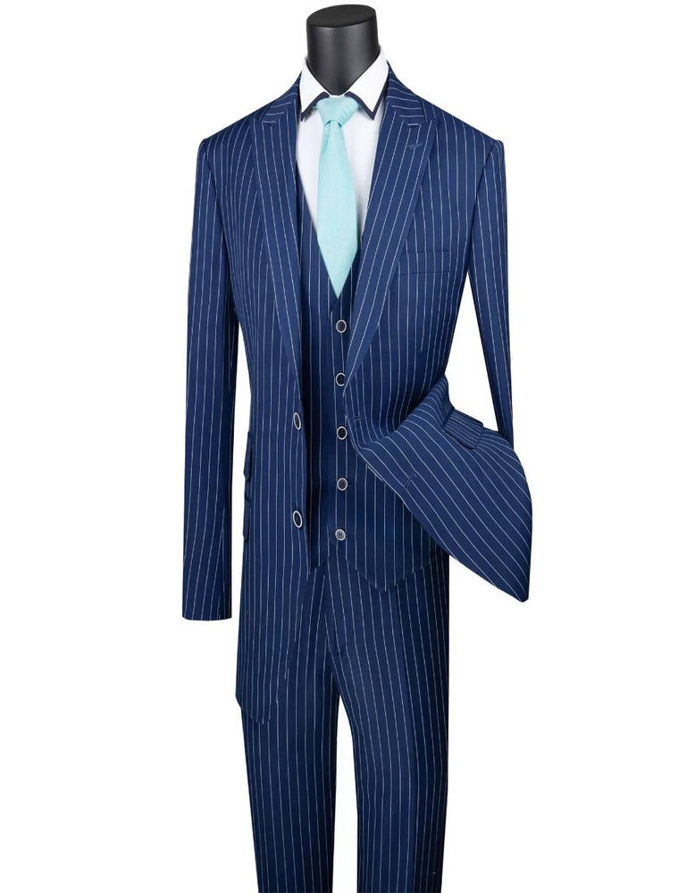 Mens Big and Tall Gangster Stripe Three Piece Classic Fit Navy Suit