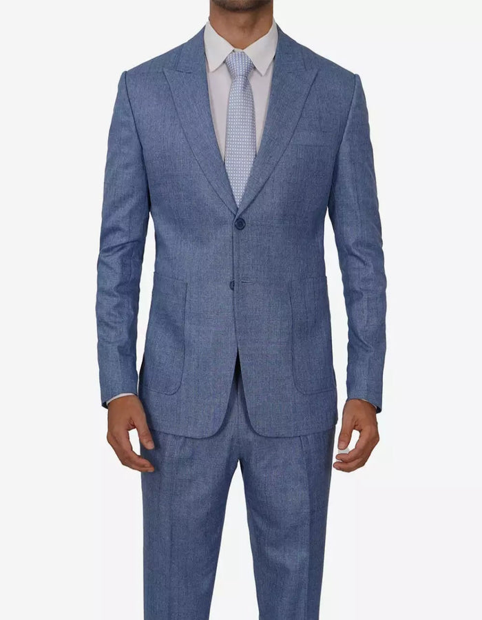 Mens Peak Lapel Two Piece Self Pattern Blue Suit
