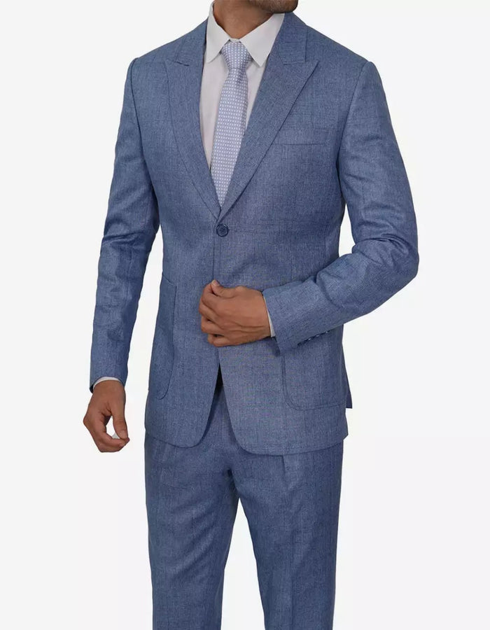 Mens Peak Lapel Two Piece Self Pattern Blue Suit