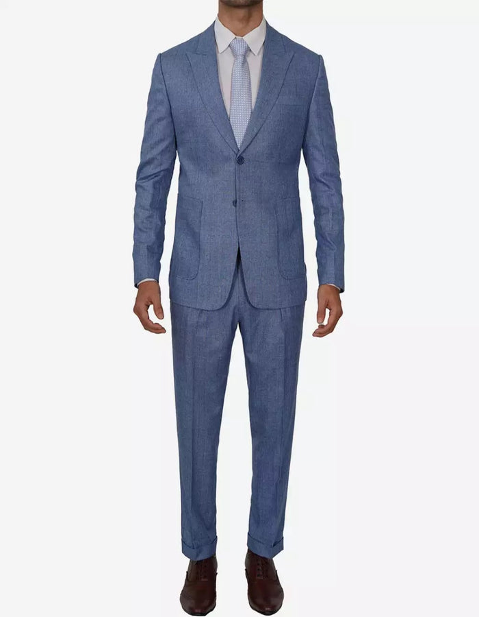 Mens Peak Lapel Two Piece Self Pattern Blue Suit