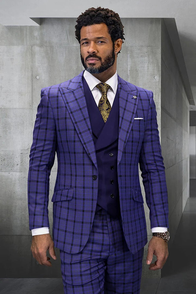 Mens Single Button Designer Wool Double Breasted Sapphire Blue Suit