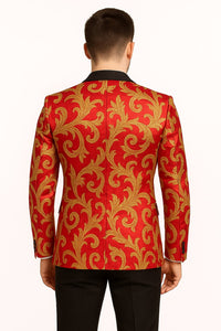 Men's Red and Gold Baroque Tuxedo Jacket with Black Satin Shawl Lapel
