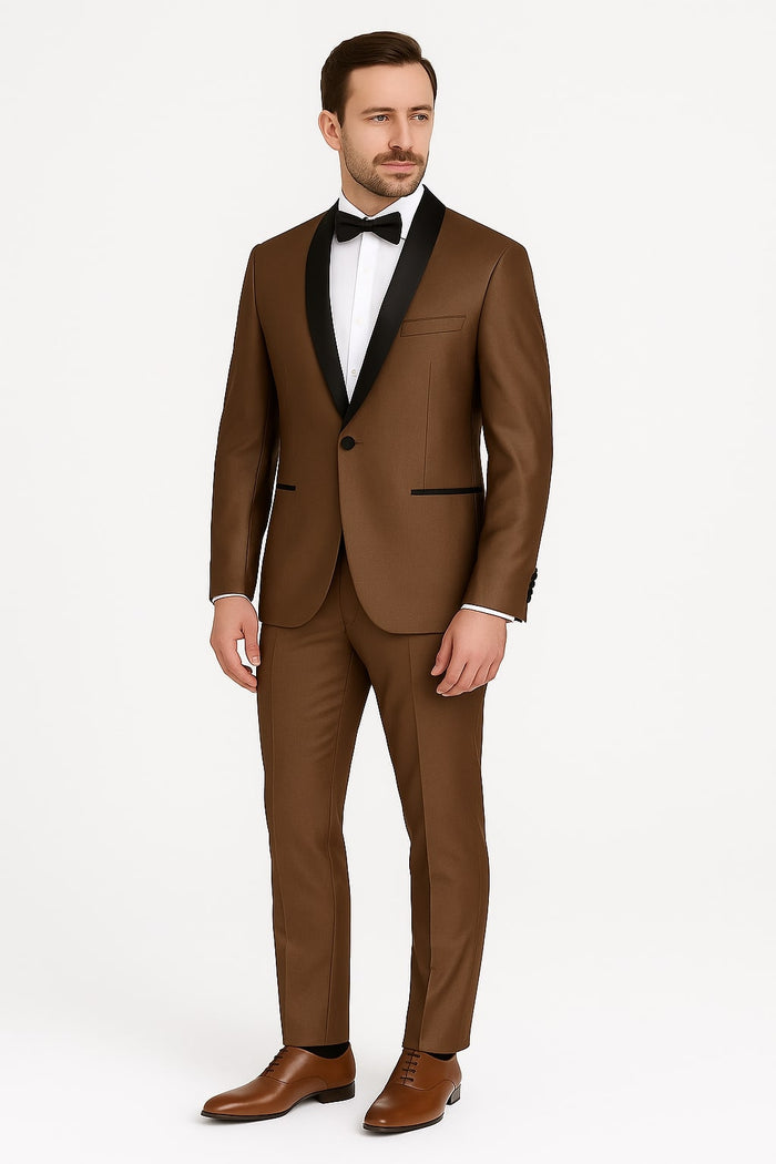 Mens Bronze Satin Shawl Lapel Tuxedo Suit – Light Brown Coffee Color