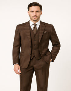 Men's Brown Pinstripe 3-Piece Suit with Matching Vest – Classic Fit Business and Formal Attire