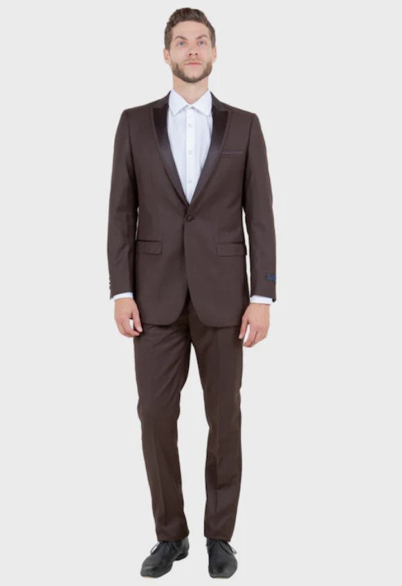 Big and Tall Tuxedo - Brown 1 Button Flat Front Pant Peak Lapel Tuxedo