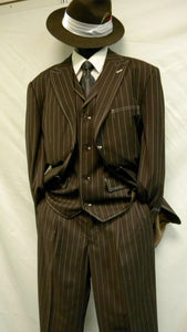 Mens Brown Pinstripe Zoot Suit – 1920s Gangster Vintage 3-Piece Suit with Wide-Leg Pants and Fedora Look - Three Buttons