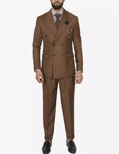 Mens Brown Peak Lapel 2-Piece Double Breasted Suit