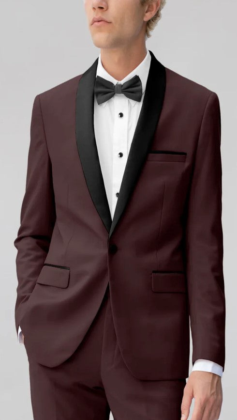 Mens Burgundy 2-Button Shawl Lapel Suit Slim Fit