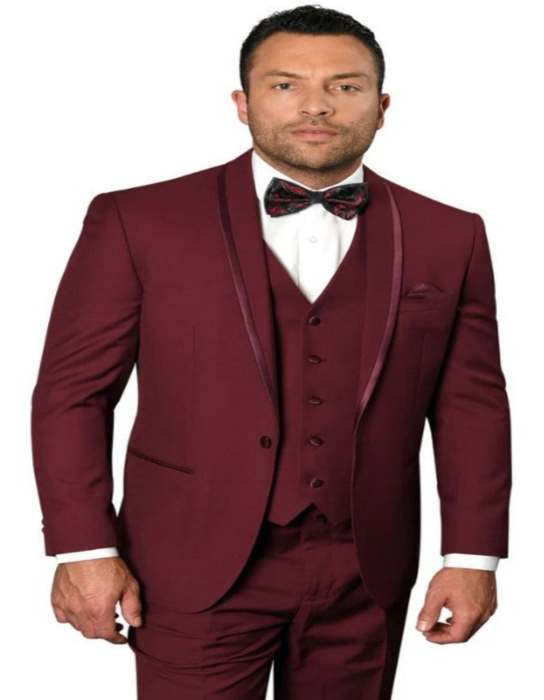 Mens Burgundy Shawl Lapel 1 Button Tailored Fit Tuxedo