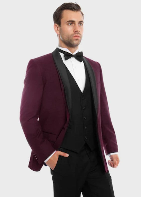 Big and Tall Tuxedo - Burgundy Shawl Lapel 3 Piece Vested Slim Fit Tuxedo