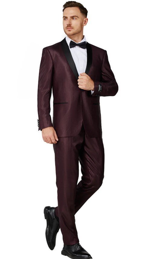 Mens Shiny Burgundy Single Breased Shawl Lapel Tuxedo Slim Fit