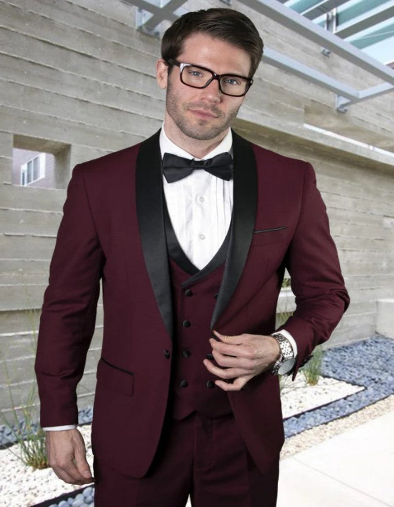 Mens Burgundy Tailored Fit 3 PC Tuxedo