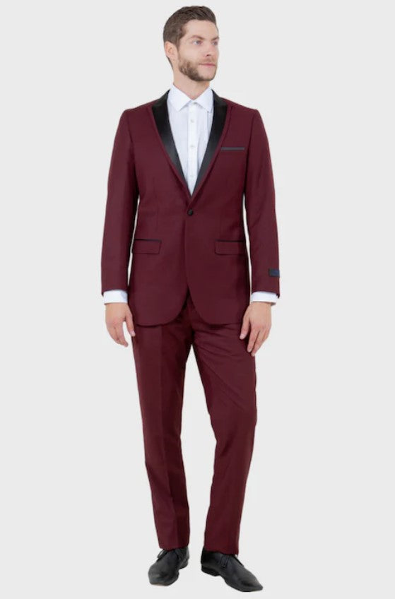 Big and Tall Tuxedo - Burgundy Tuxedo with 1-Button Closure and Satin Peak Lapel