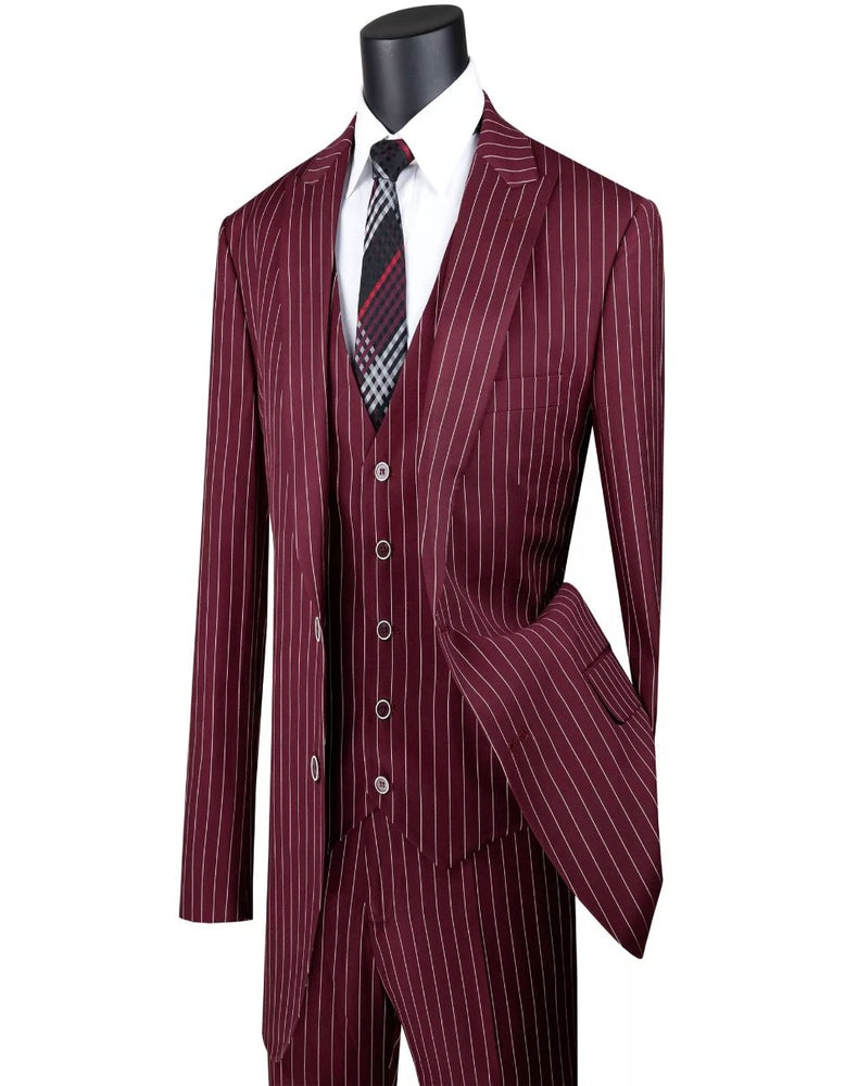 Mens Big and Tall Burgundy Gangster Stripe Three Piece Classic Fit Suit