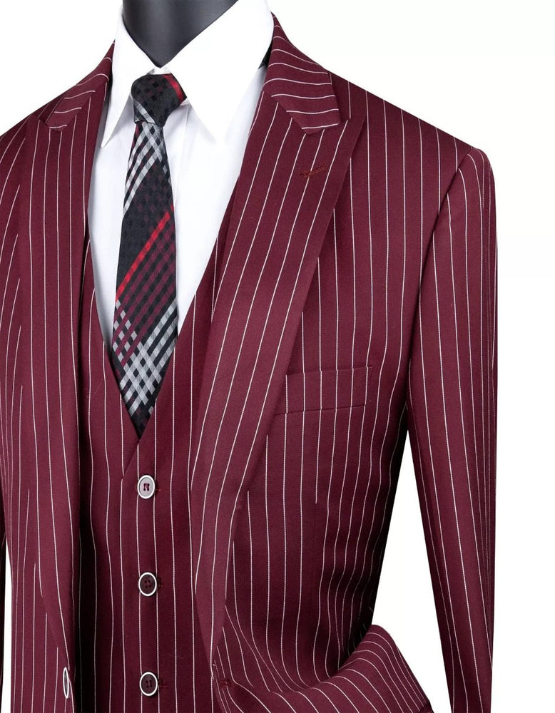 Mens Big and Tall Burgundy Gangster Stripe Three Piece Classic Fit Suit