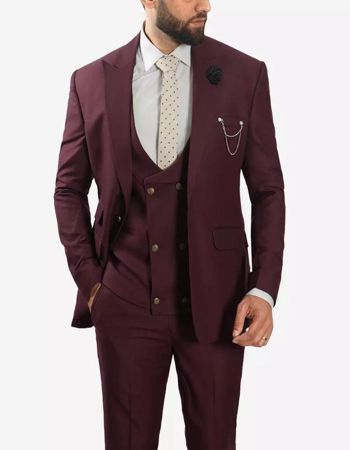 Mens Morgan Peak Lapel 3 Piece Burgundy Suit