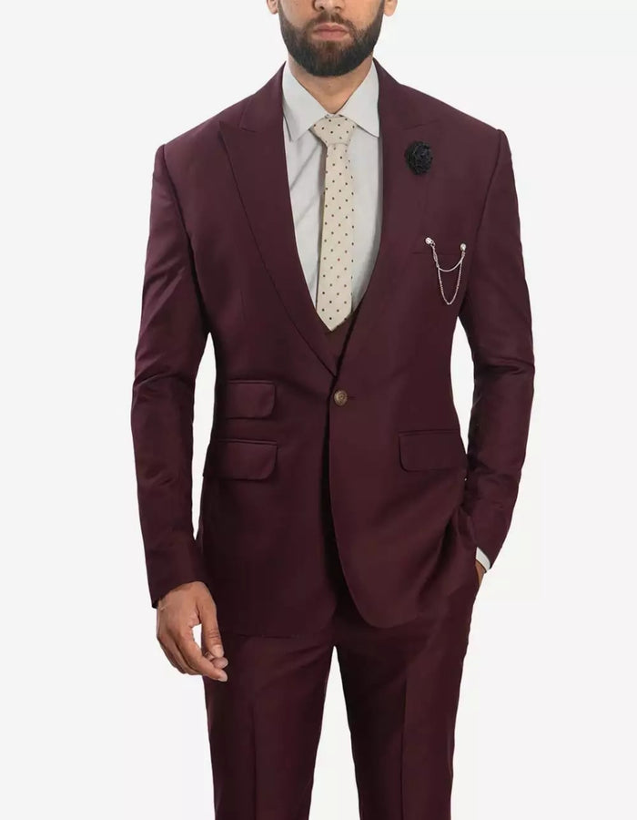 Mens Morgan Peak Lapel 3 Piece Burgundy Suit