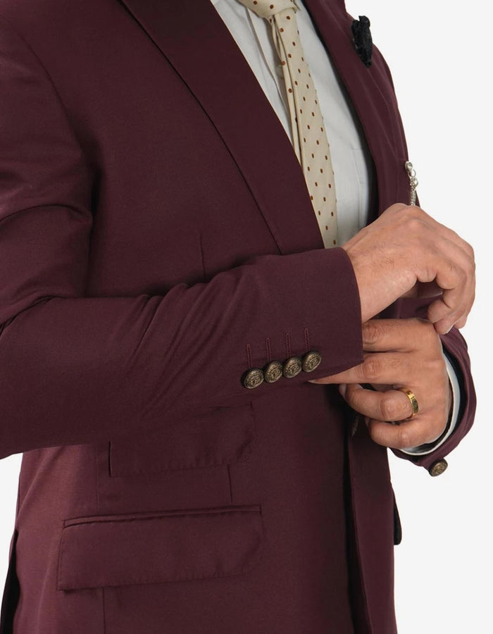 Mens Morgan Peak Lapel 3 Piece Burgundy Suit
