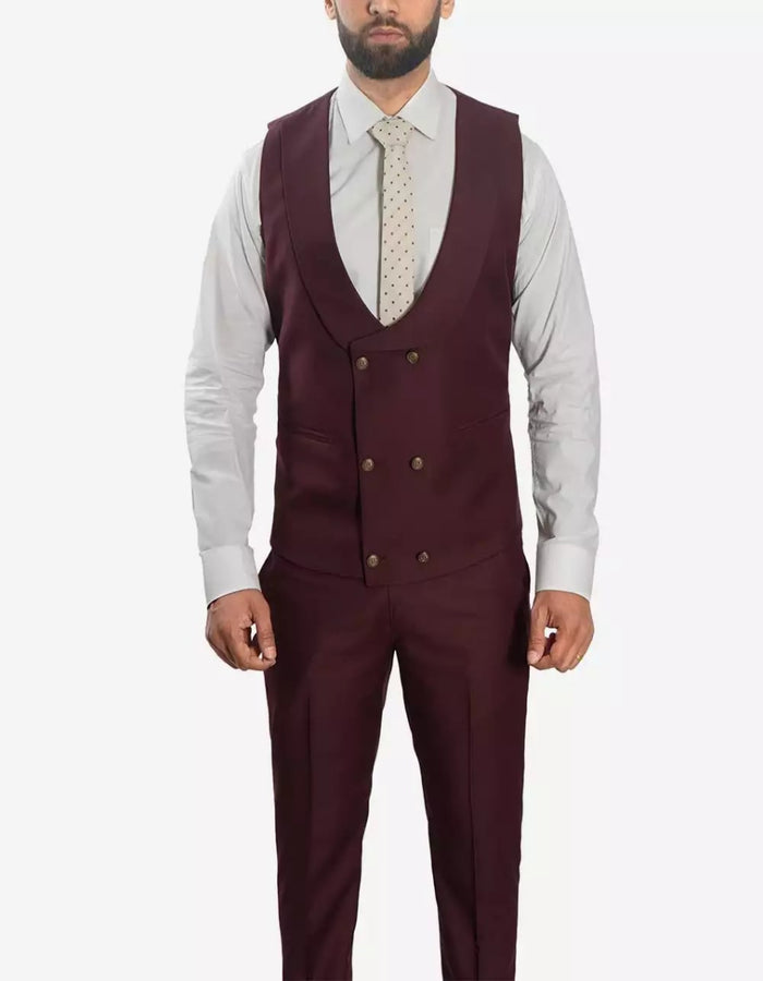 Mens Morgan Peak Lapel 3 Piece Burgundy Suit