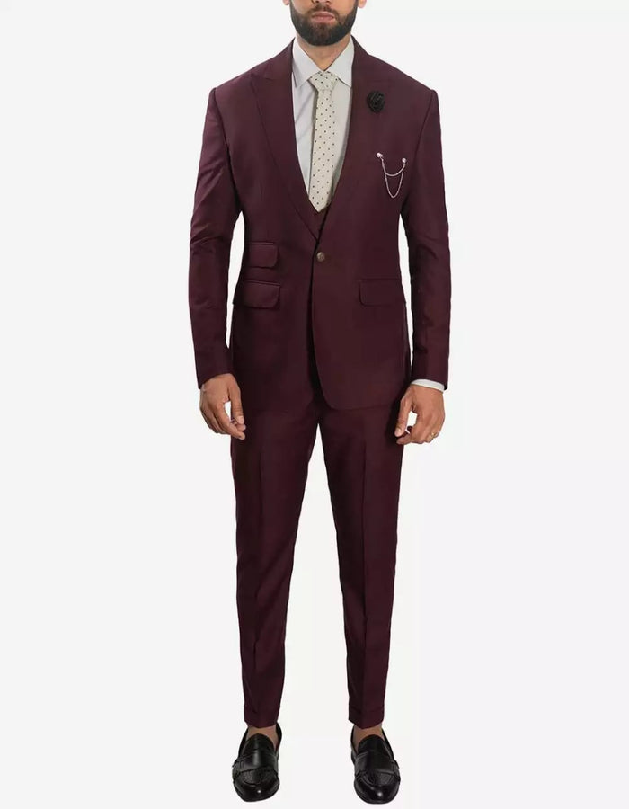 Mens Morgan Peak Lapel 3 Piece Burgundy Suit