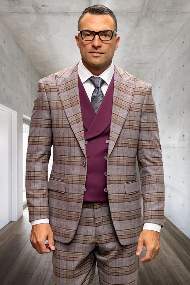 Mens Vested One Button Peak Lapel Burgundy Windowpane Wool Suit