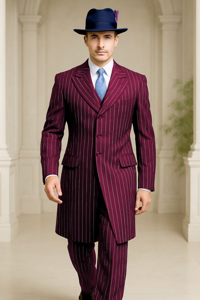 Mens Burgundy Pinstripe Suit – Classic Long Coat Style with White Stripes