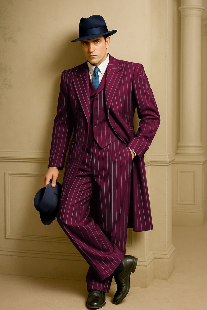 Mens Burgundy Pinstripe Suit – Classic Long Coat Style with White Stripes