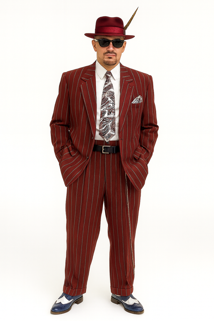 Burgundy Pinstripe Zoot Suit – 3 Piece 1920s/1930s Gangster Outfit (Jacket and Pants and Vest)  Vintage Fashion