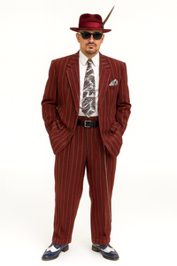Burgundy Pinstripe Zoot Suit – 3 Piece 1920s/1930s Gangster Outfit (Jacket and Pants and Vest)  Vintage Fashion