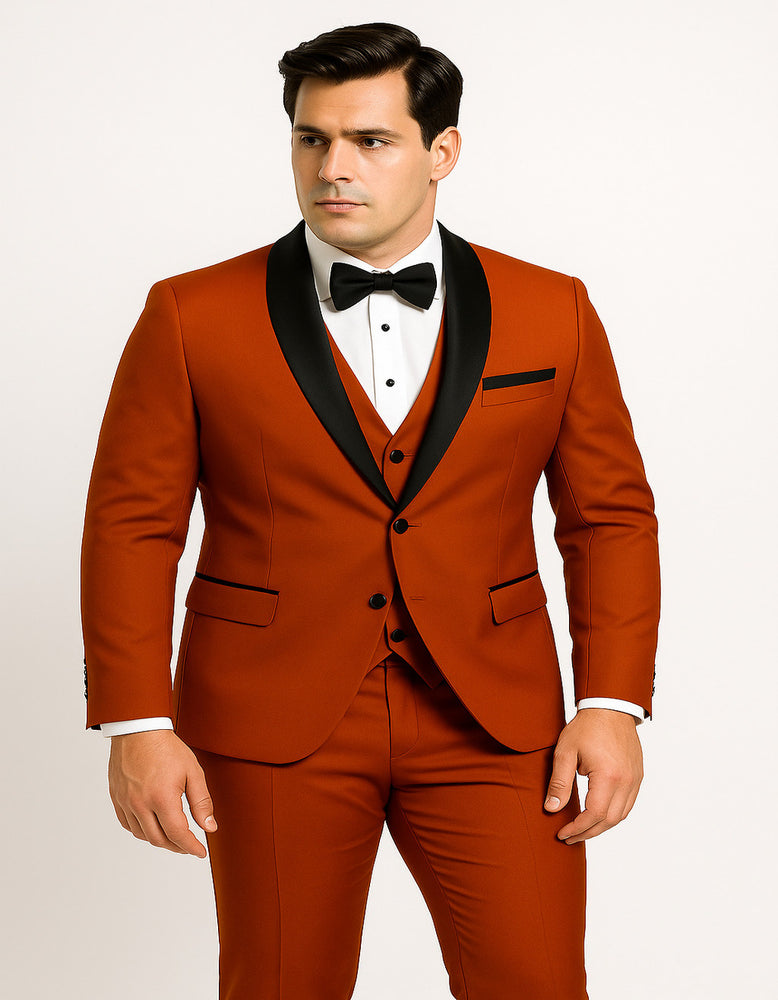 Men's Burnt Orange Tuxedo Suit – 3-Piece Slim Fit with Black Satin Shawl Lapel