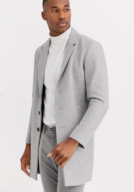 Men's Light Grey ~ Wine Functional Pockets Centre Vent To Reverse Button Placket Men's Carcoat - Car Coat Mid Length Three Quarter Length Coat