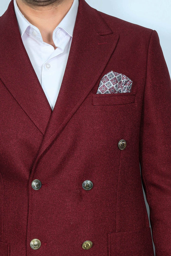 Mens Burgundy Slim Fit Blazer – Sharp Double Breasted Design