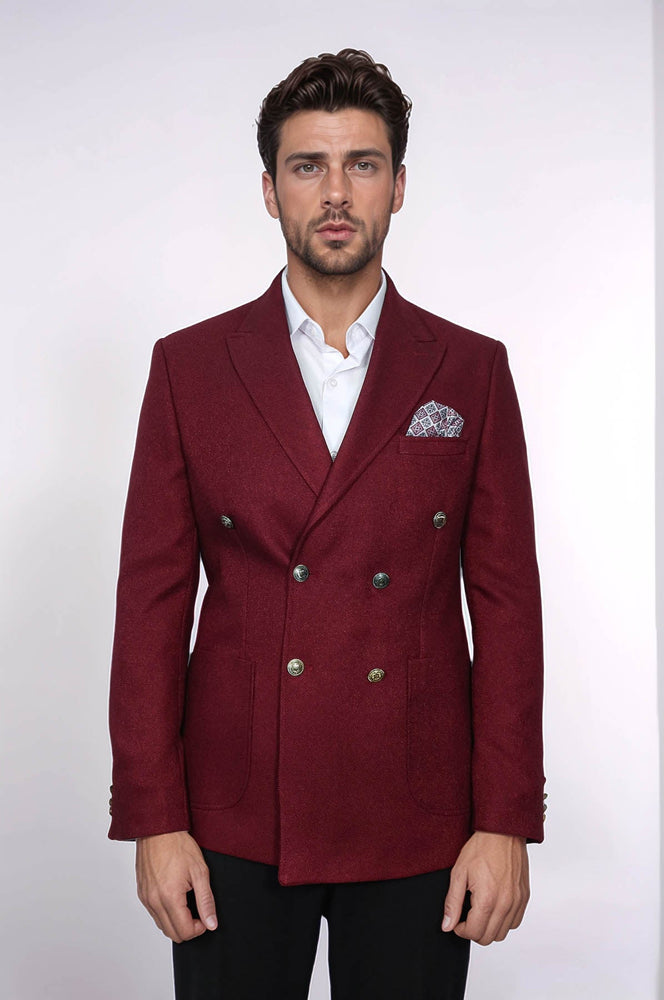 Mens Burgundy Slim Fit Blazer – Sharp Double Breasted Design