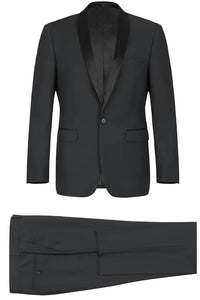 Black Prom Tuxedo Suit - Black Wedding Suit - Mens Traditional Slim Fit Shawl Collar Tuxedo