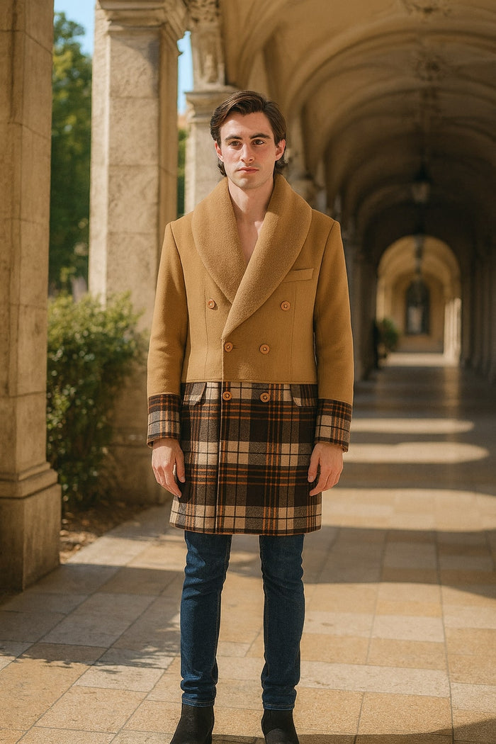 Mens Camel Brown Shawl Collar Overcoat with Plaid Wool Bottom – Double-Breasted Winter Topcoat With Fur Collar