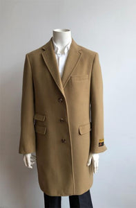 Men's Camel-No Fur Collar Two Flap Front Pockets Full Length Overcoat Men's Carcoat - Car Coat Mid Length Three Quarter Length Coat